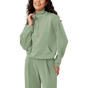 imageODODOS Womens Modal Soft Cinchable Sweatshirts Half Zipper Funnel Neck Oversize Pullover with PocketsFog Green