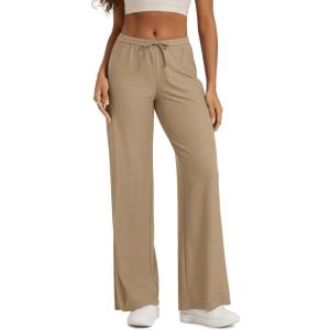 imageODODOS Womens Wide Leg Pants  Ultra Soft Stratum Tech Adjustable MidRise Casual Pajama Lounge PantsKhaki Heather