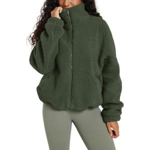imageODODOS Womens Sherpa Fleece FullZip Jacket Long Sleeve Coat Soft Warm Cinchable Outerwear with PocketsMoss Green