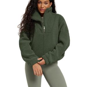 imageODODOS Womens Sherpa Fleece HalfZip Pullover  Cozy Warm Long Sleeve Sweatshirt Cinchable Outerwear with PocketsMoss Green