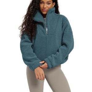 imageODODOS Womens Sherpa Fleece HalfZip Pullover  Cozy Warm Long Sleeve Sweatshirt Cinchable Outerwear with PocketsSaxony Blue