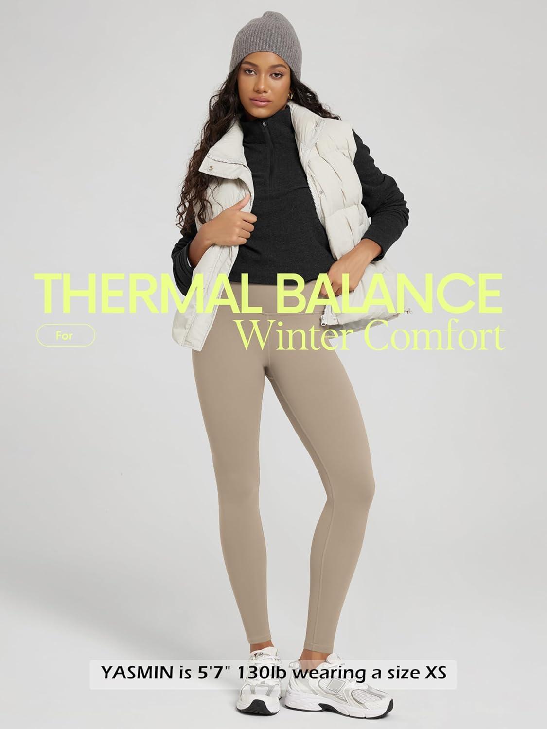 imageODODOS Womens Thick Fleece Lined Leggings Thermal Warm Winter Tights  25quot  28quot High Waisted Yoga Pants with Back PocketsDark Beige