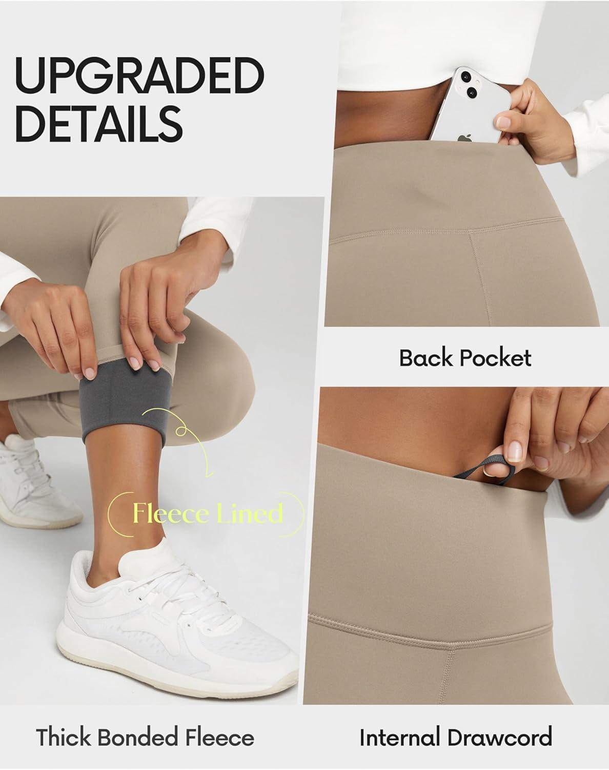imageODODOS Womens Thick Fleece Lined Leggings Thermal Warm Winter Tights  25quot  28quot High Waisted Yoga Pants with Back PocketsDark Beige