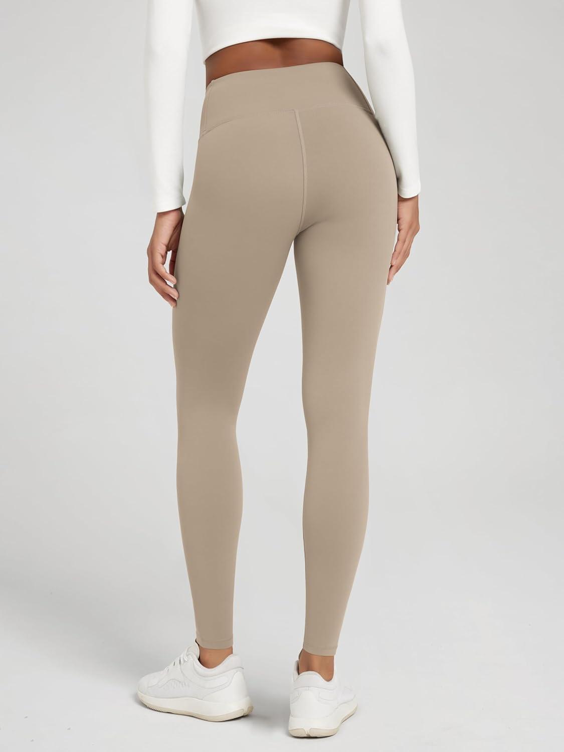 imageODODOS Womens Thick Fleece Lined Leggings Thermal Warm Winter Tights  25quot  28quot High Waisted Yoga Pants with Back PocketsDark Beige