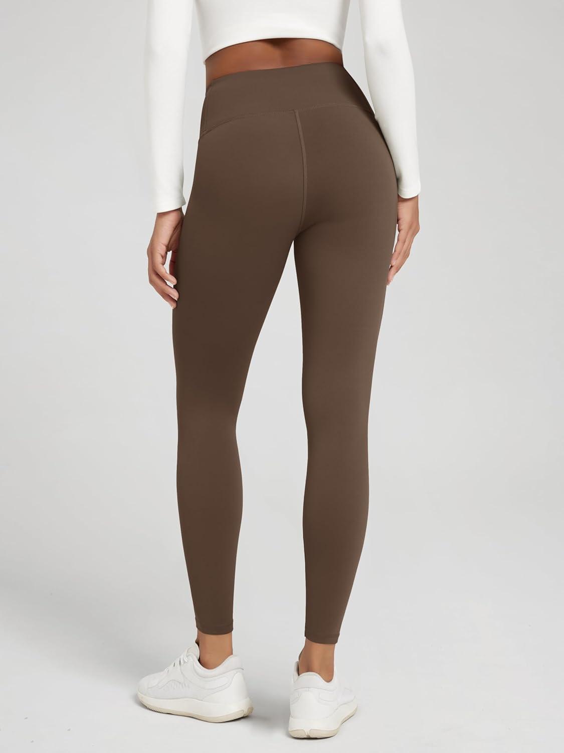 imageODODOS Womens Thick Fleece Lined Leggings Thermal Warm Winter Tights  25quot  28quot High Waisted Yoga Pants with Back PocketsDark Brown