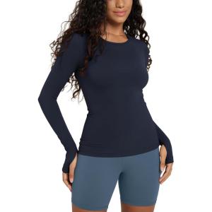 image:imageODODOS Womens Long Sleeve Shirts with Thumb Hole Cloud Feeling Soft Crew Neck Slim Fit Tee Yoga Athletic Workout TopsDeep Navy