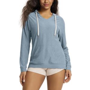 image:imageODODOS Womens VNeck Oversized Hoodie  Ultra Soft odSTRATUM Tech Pullover Side Slit Long Sleeve Tops with Kangaroo PocketDusty Blue Heather