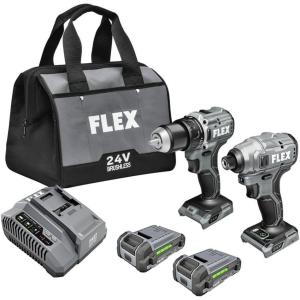 imageFLEX 24V Brushless Cordless 2Tool Compact Combo Kit 12Inch 2Speed Drill Driver and 14Inch Hex Impact Driver with 2 25Ah Lithium Batteries and 160W Fast Charger  FXM2052ACompact