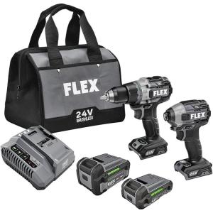 imageFLEX 24V Brushless Cordless 2Tool Compact Combo Kit 12Inch 2Speed Drill Driver and 14Inch Hex Impact Driver with 2 25Ah Lithium Batteries and 160W Fast Charger  FXM2052AFullSized wTurbo Mode  Quick Eject
