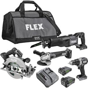 imageFLEX 24V Brushless Cordless 4Tool Combo Kit Circular Saw Reciprocating Saw Fixed Speed Angle Grinder Drill Driver with 25 Ah 50Ah Lithium Batteries and 160W Charger  FXM4022B