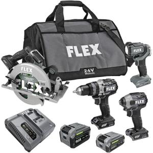 imageFLEX 24V Brushless Cordless 4Tool Combo Kit Hammer Drill Hex Impact Driver Circular Saw Work Light with 35Ah 60Ah Stacked Lithium Batteries and 280W Rapid Charger  FXM4032GHammer Drill  Hex Impact  Circ Saw  Light