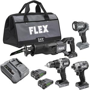 imageFLEX 24V Brushless Cordless 4Tool Combo Kit Hammer Drill Hex Impact Driver Circular Saw Work Light with 35Ah 60Ah Stacked Lithium Batteries and 280W Rapid Charger  FXM4032GDrill  Impact Driver  Recip Saw  Light