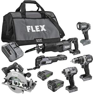 imageFLEX 24V Brushless Cordless 6Tool Combo Kit Hammer Drill Hex Impact Driver Circular Saw MultiTool Reciprocating Saw Work Light with 25Ah 50Ah Lithium Batteries and 160W Charger  FXM6012BPower Tool Set