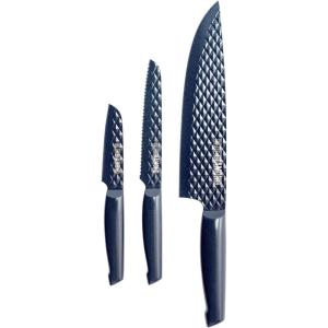 imageBlue Diamond Sharp Stone Nonstick Stainless Steel Cutlery 3 Piece Set including Chef Serrated and Pairing Knives with Covers Diamond Texture Blade Dishwasher Safe Blue3 Piece Chefs Knife Set