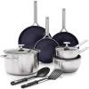 imageBlue Diamond Cookware TriPly Stainless Steel Ceramic Nonstick 7 Piece Cookware Pots and Pans Set PFASFree Multi Clad Induction Dishwasher Safe Oven Safe Silver11 Piece Cookware Pots and Pans Set