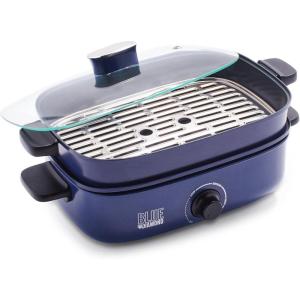 imageBlue Diamond Ceramic Nonstick 3in1 4QT Multifunction Electric Skillet Grill and Food Steamer with Glass Lid Dishwasher Safe Parts Adjustable Temperature Control PFASFree Blue4QT Electric Skillet Grill