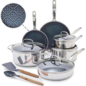 imageBlue Diamond Hybrid Nonstick Stainless Steel 12 Piece Cookware Set TriPly PFASFree Ceramic Diamond Bond Pots ampamp Pans Dishwasher ampamp Oven Safe to 850F Induction Ready Metal Utensil Safe SilverSilver