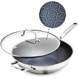 imageBlue Diamond Hybrid Nonstick Stainless Steel 12 Wok with Lid PFASFree Ceramic Diamond Bond StirFry Pan Induction Ready Dishwasher ampamp Oven Safe Metal Utensil Safe StayCool Handle Silver