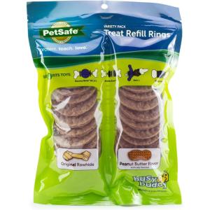 imagePetSafe Rawhide Treat Ring Refills Variety Pack Size C Original Rawhide and Peanut Butter Flavor Replacement Treats Busy Buddy Treat Ring Holding Toys