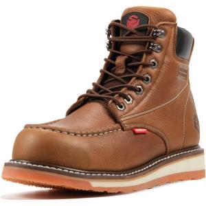 imageSUREWAY Mens Heavy Duty SoftCompositeSteel Toe Work Boots for MenComfortableGoodyearWeltFull Grain Leather6 in Wedge Moc Toe Construction BootsShoesSoft Toe Tobacco