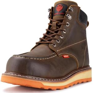 imageSUREWAY Mens Heavy Duty SoftCompositeSteel Toe Work Boots for MenComfortableGoodyearWeltFull Grain Leather6 in Wedge Moc Toe Construction BootsShoesSoft Toe Brown