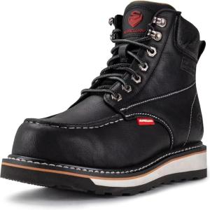 imageSUREWAY Mens Heavy Duty SoftCompositeSteel Toe Work Boots for MenComfortableGoodyearWeltFull Grain Leather6 in Wedge Moc Toe Construction BootsShoesSteel Toe White Sole