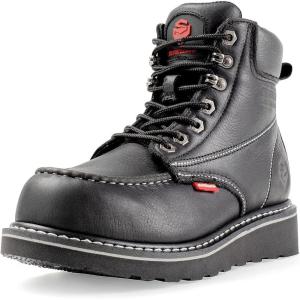 imageSUREWAY Mens Heavy Duty SoftCompositeSteel Toe Work Boots for MenComfortableGoodyearWeltFull Grain Leather6 in Wedge Moc Toe Construction BootsShoesWateproof Soft Toe Black