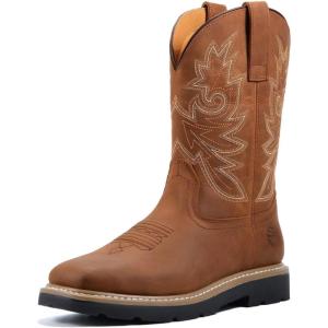 imageSUREWAY Mens Western Square Toe Cowboy Boots for MenSoftSteel Toe Full Grain Leather Slip On Pull On Work Boots for Construction FarmingWaterproof Soft Toe Brown