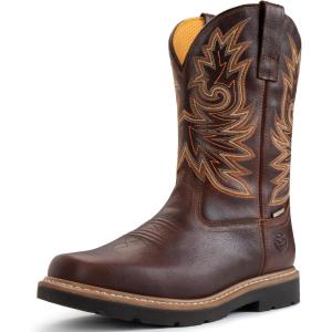 imageSUREWAY Mens Western Square Toe Cowboy Boots for MenSoftSteel Toe Full Grain Leather Slip On Pull On Work Boots for Construction FarmingWaterproof Steel Toe Dark Brown