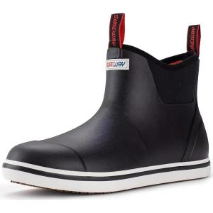 imageSUREWAY Mens Ankle Fishing Deck Boots for MenWaterproofProfessional NonSlip Soles for Wet Slippery SurfaceNeoprene Rubber Rain BootShoes for Hunting Boating GardeningBlack