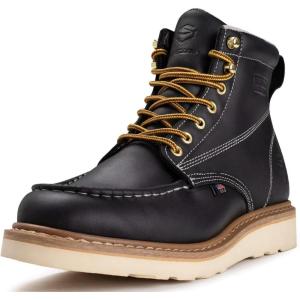 imageSUREWAY 6 in Mens Soft Toe Work Boots for MenFull Grain LeatherGoodyearWeltNonSlip EH Safety Industial Construction Wedge Moc Toe Work BootsShoesSoft Toe Black