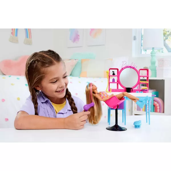 Barbie Doll ampamp Hair Salon Playset with 15 Styling Accessories ampamp Furniture Long ColorChange Hair ampamp Printed Dress