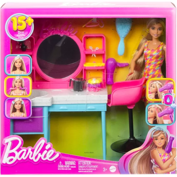 Barbie Doll ampamp Hair Salon Playset with 15 Styling Accessories ampamp Furniture Long ColorChange Hair ampamp Printed Dress