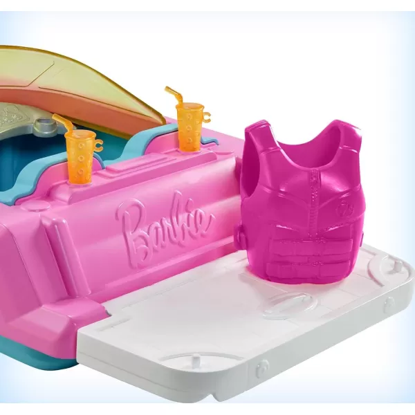 Barbie Toy Boat with Pet Puppy Life Vest ampamp Beverage Accessories Fits 3 Dolls ampamp Floats in WaterPink Cyan