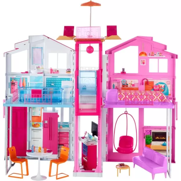 Barbie Doll House Playset 3Story Townhouse with 4 Rooms ampamp Rooftop Lounge Furniture ampamp Accessories Including Swinging Chair Amazon Exclusive