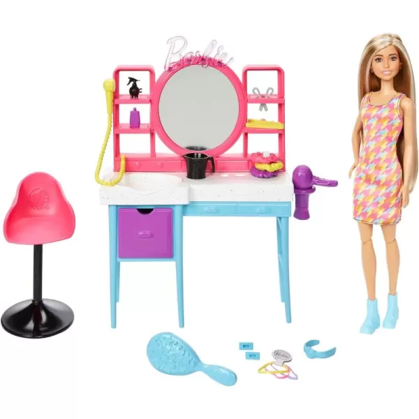 Barbie Doll ampamp Hair Salon Playset with 15 Styling Accessories ampamp Furniture Long ColorChange Hair ampamp Printed Dress