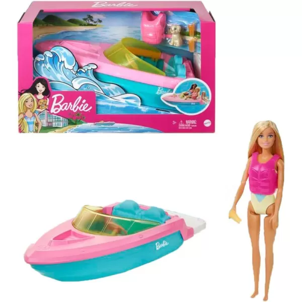 Barbie Doll ampamp Toy Boat Playset with Pet Puppy Life Vest ampamp Beverage Accessories Fits 3 Dolls ampamp Floats in Water