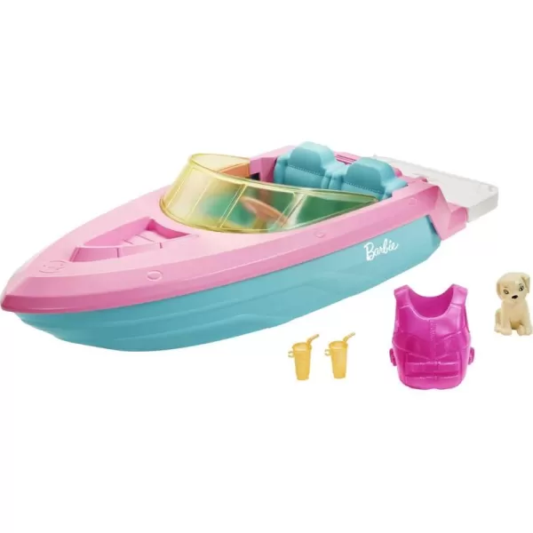 Barbie Toy Boat with Pet Puppy Life Vest ampamp Beverage Accessories Fits 3 Dolls ampamp Floats in WaterPink Cyan