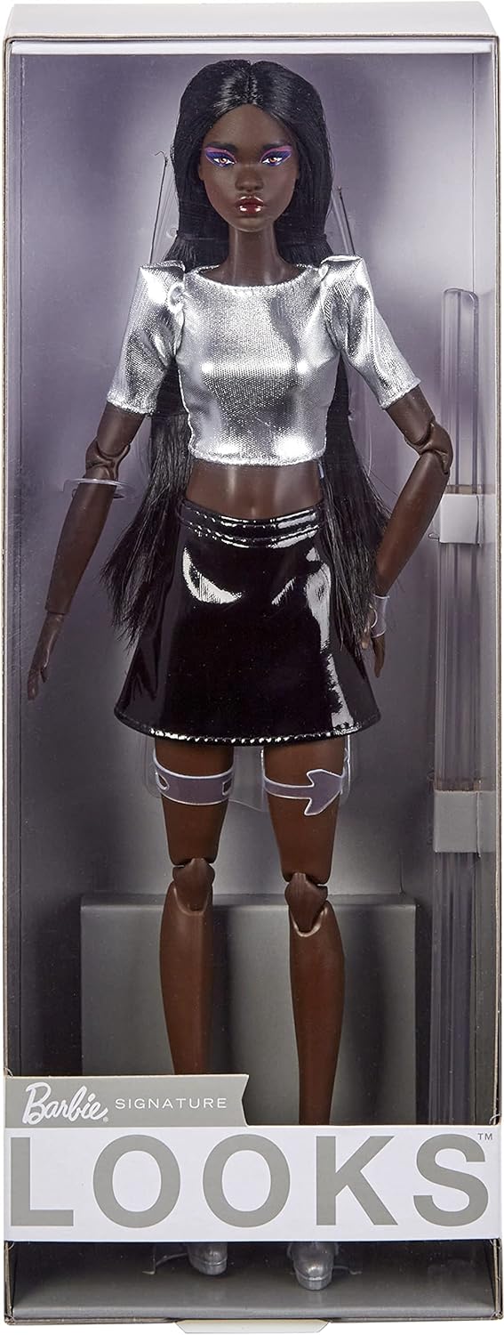 Barbie Looks Doll Collectible and Posable with Sleek Black Hair Tall Body Type and Metallic Top with Vinyl SkirtModern1 Multicolor