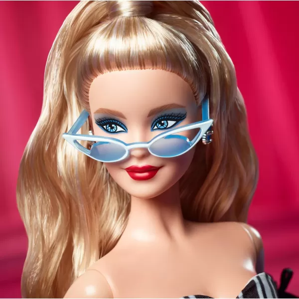 Barbie Signature Doll 65th Anniversary Collectible with Blonde Hair Black and White Gown Sapphire Gem Earrings and SunglassesBlonde