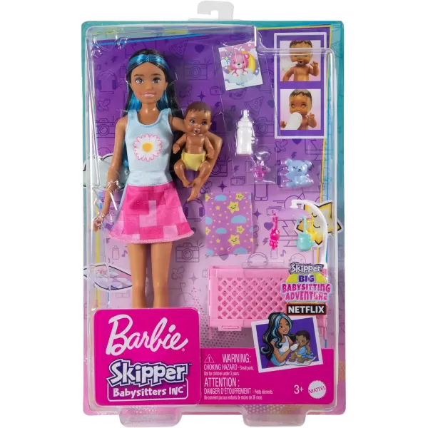 Barbie Skipper Babysitters Inc Crib Playset with Skipper Doll Baby Doll with Sleepy Eyes Furniture amp AccessoriesBlue Hair Multicolor