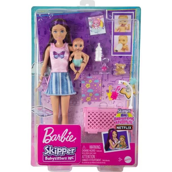 Barbie Skipper Babysitters Inc Crib Playset with Skipper Doll Baby Doll with Sleepy Eyes Furniture amp AccessoriesPurple Hair Multicolor