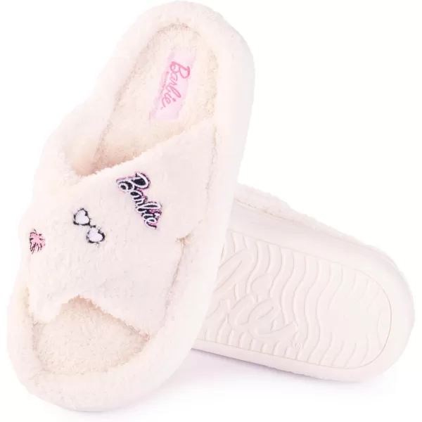 Barbie Womens Cozy XBand and Open Toe Faux Fur Memory Foam Indoor Outdoor Soled Slipper in XsXLCream Xband