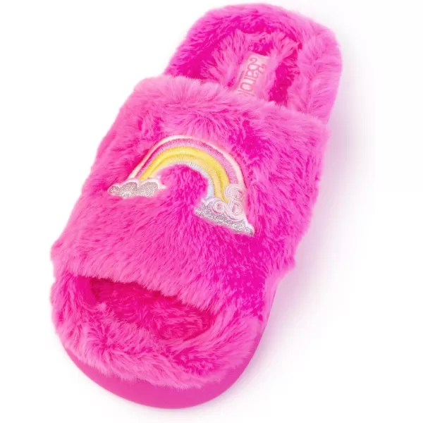 Barbie Womens Cozy XBand and Open Toe Faux Fur Memory Foam Indoor Outdoor Soled Slipper in XsXLDouble Rainbow