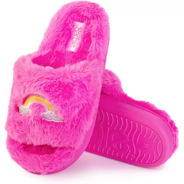 Barbie Womens Cozy XBand and Open Toe Faux Fur Memory Foam Indoor Outdoor Soled Slipper in XsXLDouble Rainbow