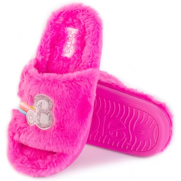 Barbie Womens Cozy XBand and Open Toe Faux Fur Memory Foam Indoor Outdoor Soled Slipper in XsXLHeart Rainbow B