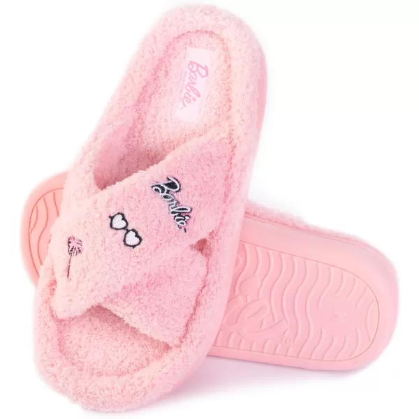 Barbie Womens Cozy XBand and Open Toe Faux Fur Memory Foam Indoor Outdoor Soled Slipper in XsXLPink Xband