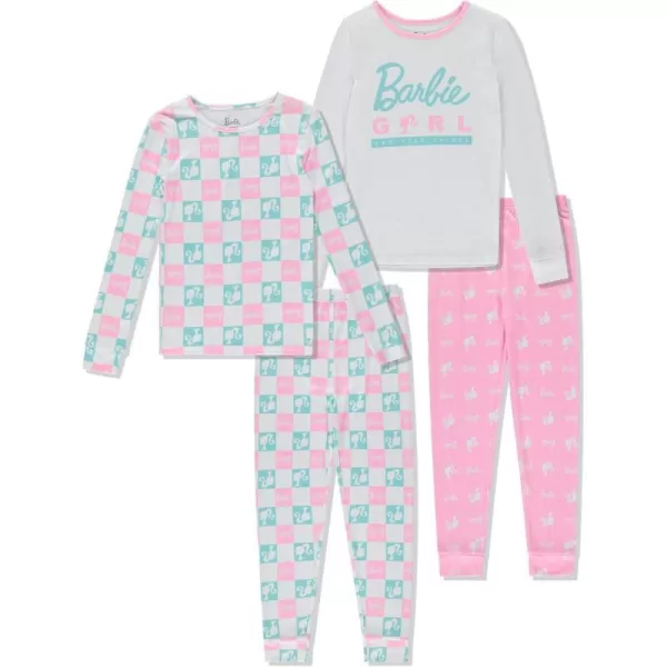 Barbie 4 Piece Pajama Set  PJ Set with Long Sleeve Shirt  Pants  Sleepwear Set for Girls  Official LicensePinkwhite