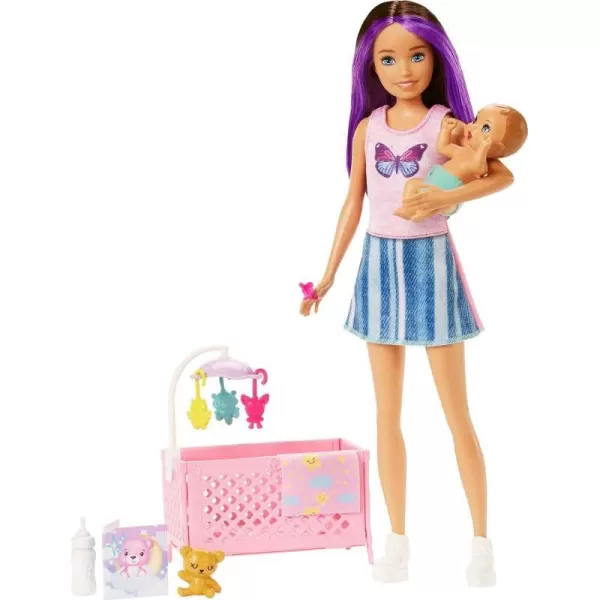 Barbie Skipper Babysitters Inc Crib Playset with Skipper Doll Baby Doll with Sleepy Eyes Furniture amp AccessoriesPurple Hair Multicolor