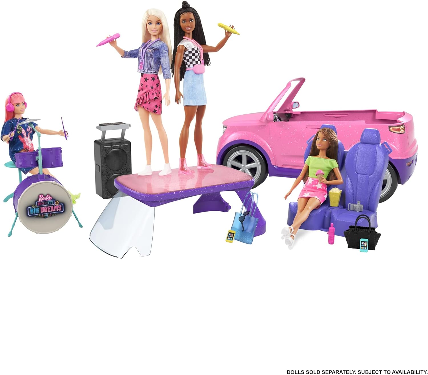 Barbie Big City Big Dreams Transforming Vehicle Playset Pink 2Seater SUV Reveals Stage Drum Set amp ConcertThemed Accessories Gift for 3 to 7 Year OldsSingle
